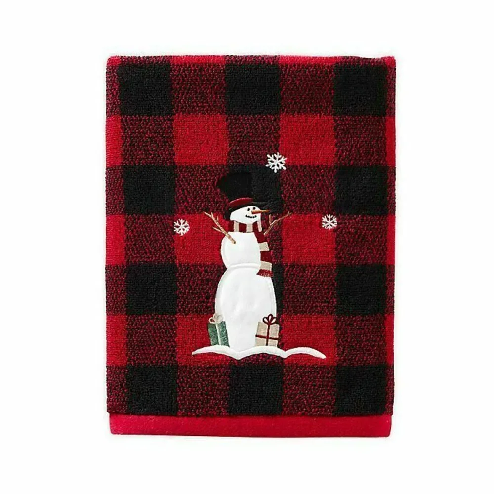 Christmas Snowman Bath Towels Embroidered Cabin Country Buffalo Check Set of 2